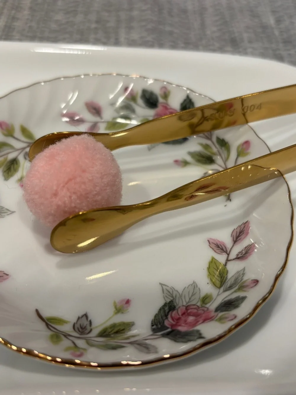 rose desing bowl & gold tone tongs tonging 1:1 lesson by idlewild montessori